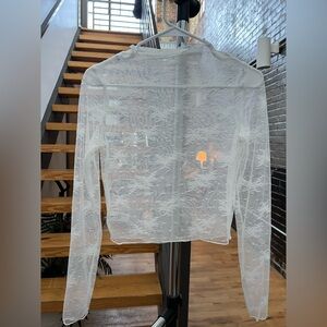 Aerie Size XS Sheer White Lace Long Sleeve Top with Floral Etching